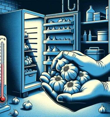 Illustration of a person's hands carefully storing garlic cloves in a cold, dark environment, showing a refrigerator and a basement area, with a visual cue of coldness such as frost or ice on surfaces. Image generated by Dall E 3