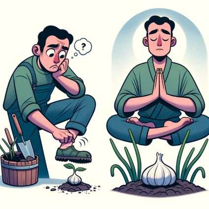 Illustration of a gardener split-screen: on the left, a male gardener looks frustrated and taps his foot while looking at a small garlic plant; on the right, the same gardener, with a serene expression, meditates next to a fully grown garlic plant. Image generated with Dall E 3