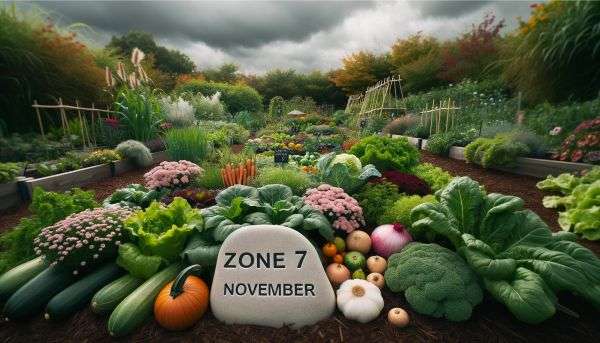 Photo of a lush garden bed under a cloudy sky, focusing on a variety of vegetables, fruits, herbs, and flowers ideal for Zone 7 in November. The earth is freshly mulched, and a stone marker in the foreground is engraved with 'Zone 7 November' - Image created by Dall E 3