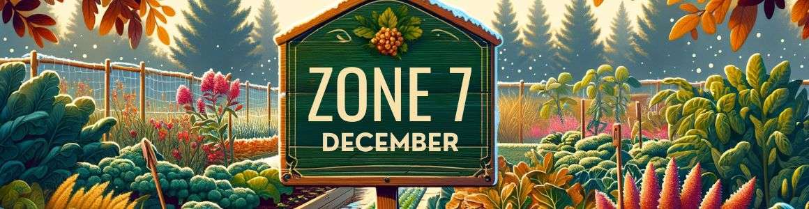 Zone 7 December Garden Guide blog image showcasing an abundant winter garden with a variety of cool-season crops like kale, winter squash, and Brussels sprouts, with a beautifully crafted sign stating 'ZONE 7 DECEMBER' set against a backdrop of a frost-kissed, early morning landscape