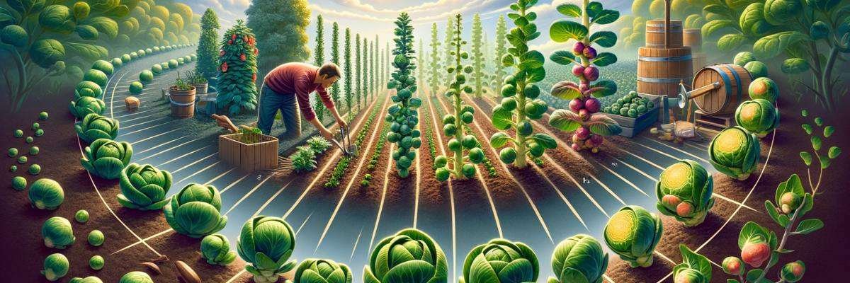 A visually engaging, wide aspect ratio image that illustrates the concept of the importance of timing in planting Brussels sprouts. The image should feature a garden scene showing different stages of Brussels sprouts growth in a sequential manner, highlighting the progression from seed planting to mature plants. Include visual elements such as a gardener planting seeds, sprouts in various growth stages, and fully grown Brussels sprouts plants with ripe sprouts ready for harvest. The setting should reflect an outdoor garden environment appropriate for Brussels sprouts, with a focus on the plants and gardening activities, without any text or numbers. The image should convey the concept that planting at the right time leads to a successful and bountiful Brussels sprouts harvest. Image created by Dall-E
