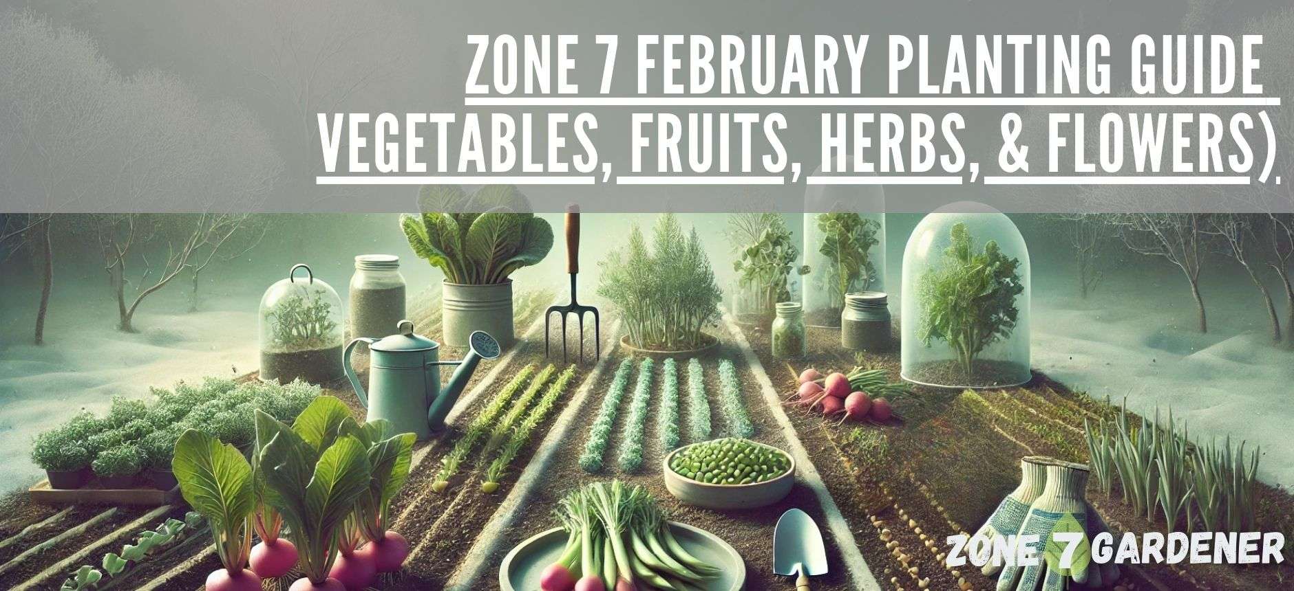 February planting tips for Zone 7 with vegetables, herbs, and fruits showcased in a winter garden setting.