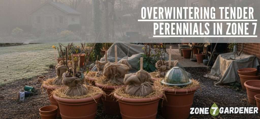 Potted tender perennials wrapped in burlap and straw for winter protection in a Zone 7 garden, with frost on the ground and a backyard shed in the background — illustrating how to overwinter tender perennials in Zone 7